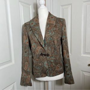 Vintage Peck & Peck Size 4 Brown Blue Gold Metallic Brocade Tulip Sleeves Blazer